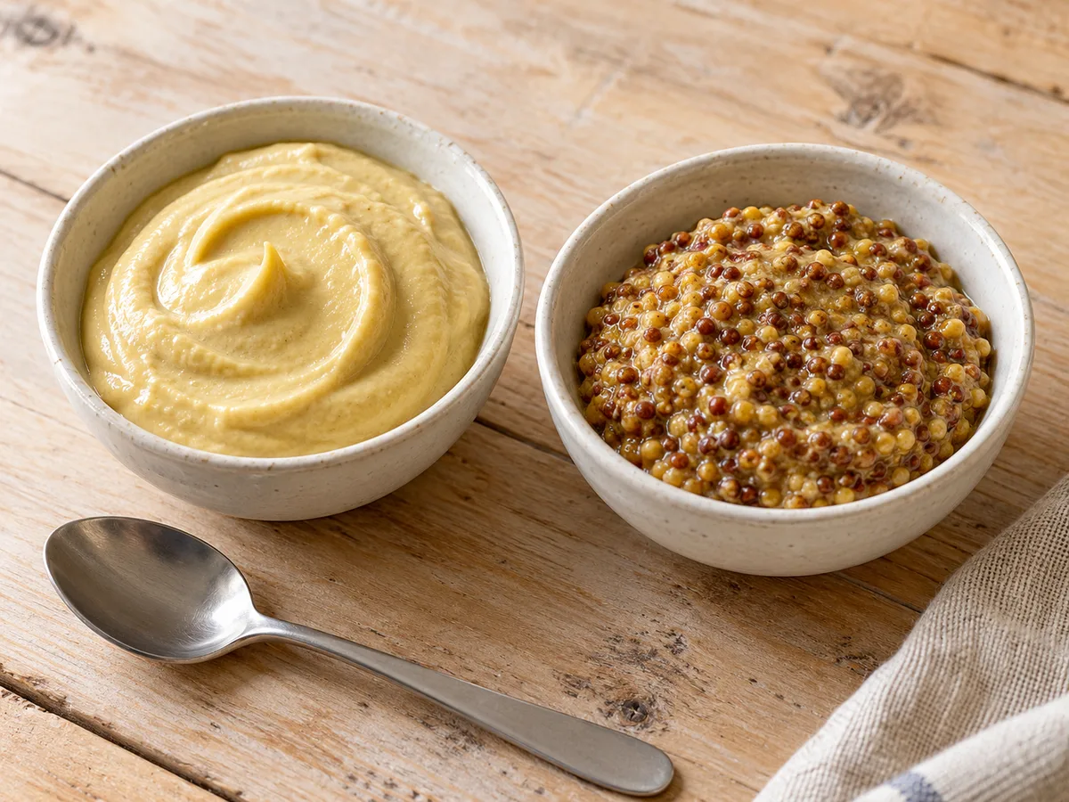 Two ceramic bowls hold smooth Dijon and wholegrain mustard beside a spoon on a wooden table.