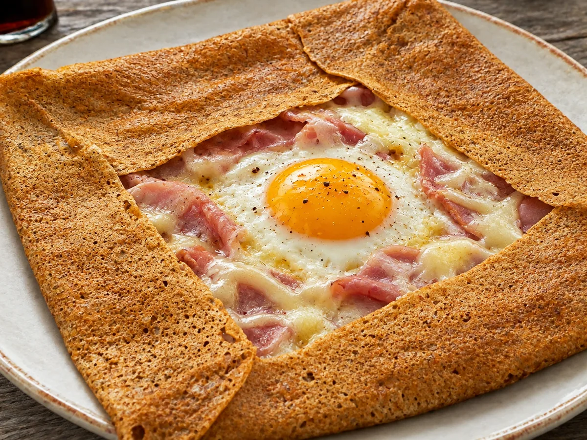 A buckwheat galette folded around ham, melted cheese and a cooked egg with its golden yolk visible.