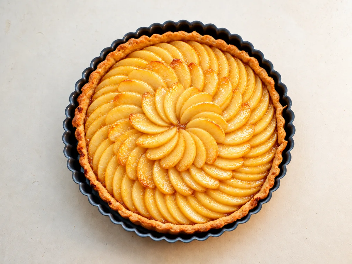 A golden shortcrust apple tart with peeled apple slices arranged in circles and a glossy apricot glaze.